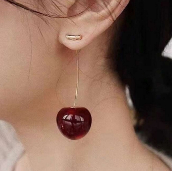 NEW! Cherry Red Drop Gold Plated Earrings - Picture 3 of 3